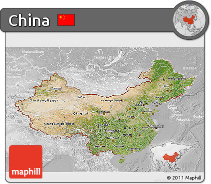 Satellite 3D Map of China, lighten, desaturated