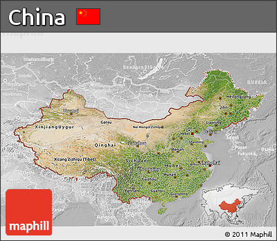 Satellite 3D Map of China, lighten, desaturated