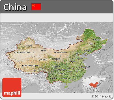 Satellite 3D Map of China, lighten, desaturated