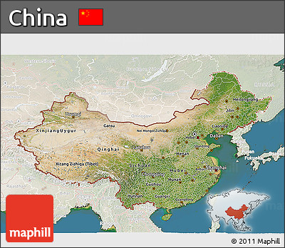 Satellite 3D Map of China, lighten, land only