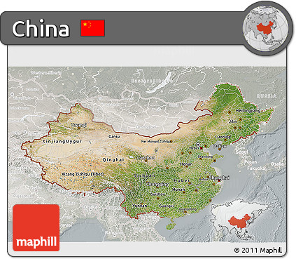 Satellite 3D Map of China, lighten, semi-desaturated