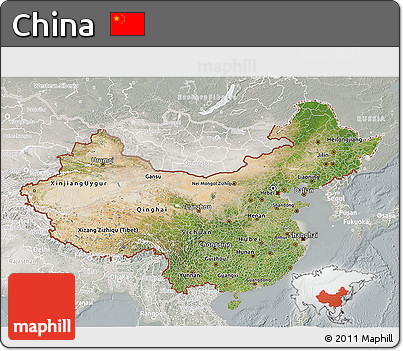 Satellite 3D Map of China, lighten, semi-desaturated