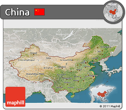 Satellite 3D Map of China, lighten, semi-desaturated, land only
