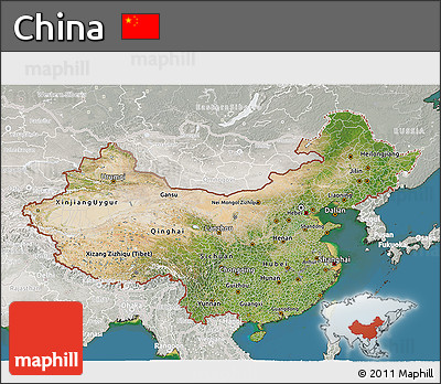 Satellite 3D Map of China, lighten, semi-desaturated, land only