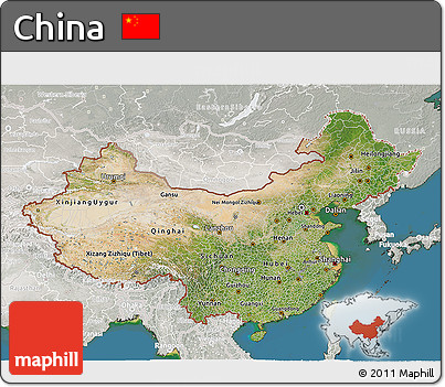 Satellite 3D Map of China, lighten, semi-desaturated, land only