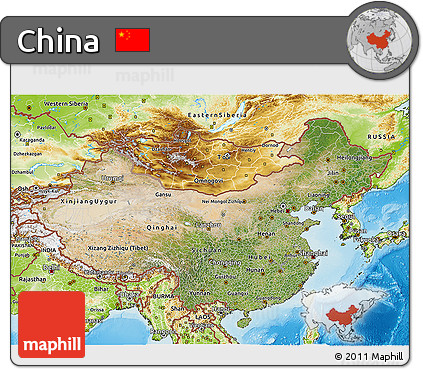 Satellite 3D Map of China, physical outside