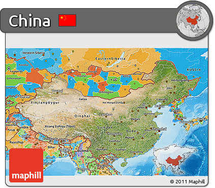 Satellite 3D Map of China, political outside