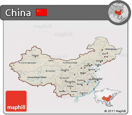 Shaded Relief 3D Map of China, cropped outside