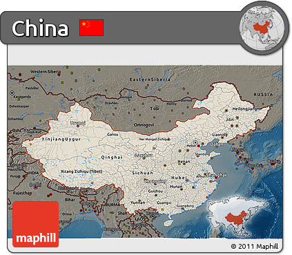Shaded Relief 3D Map of China, darken