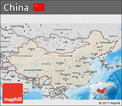 Shaded Relief 3D Map of China, desaturated, land only