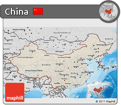 Shaded Relief 3D Map of China, desaturated, land only