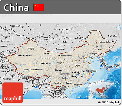 Shaded Relief 3D Map of China, desaturated, land only