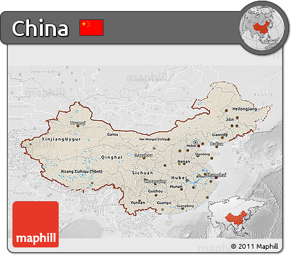 Shaded Relief 3D Map of China, lighten, desaturated