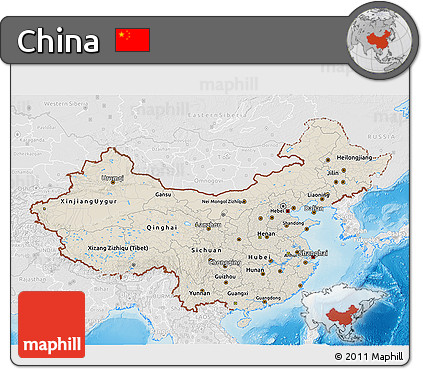 Shaded Relief 3D Map of China, lighten, desaturated, land only