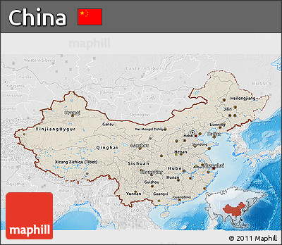 Shaded Relief 3D Map of China, lighten, desaturated, land only