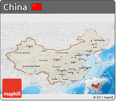 Shaded Relief 3D Map of China, lighten, desaturated, land only