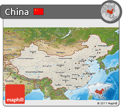 Shaded Relief 3D Map of China, satellite outside, shaded relief sea