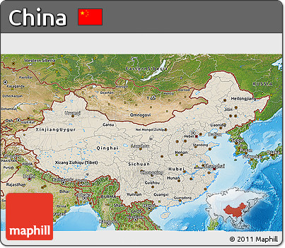 Shaded Relief 3D Map of China, satellite outside, shaded relief sea
