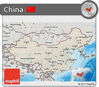 Shaded Relief 3D Map of China, semi-desaturated, land only