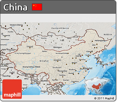 Shaded Relief 3D Map of China, semi-desaturated, land only