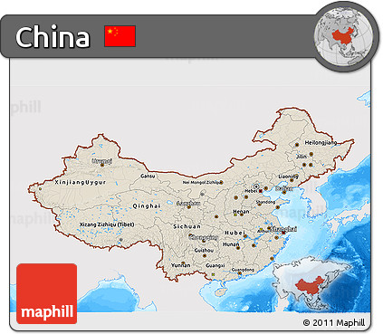 Shaded Relief 3D Map of China, single color outside, bathymetry sea