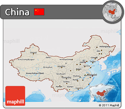 Shaded Relief 3D Map of China, single color outside, bathymetry sea, shaded relief sea