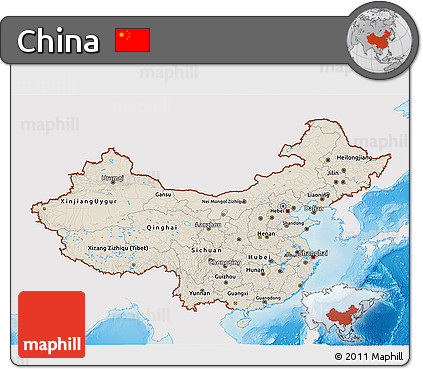 Shaded Relief 3D Map of China, single color outside