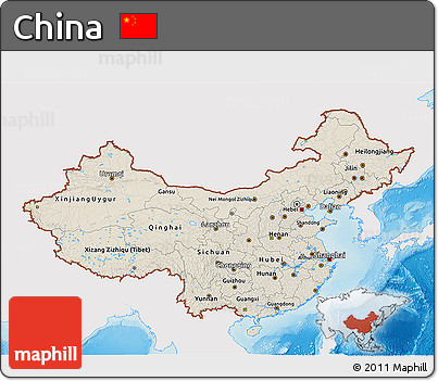 Shaded Relief 3D Map of China, single color outside