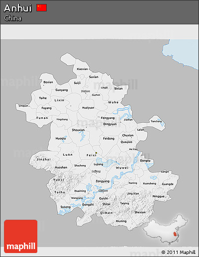 Gray 3D Map of Anhui, single color outside