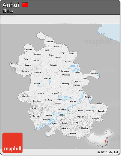 Gray 3D Map of Anhui, single color outside