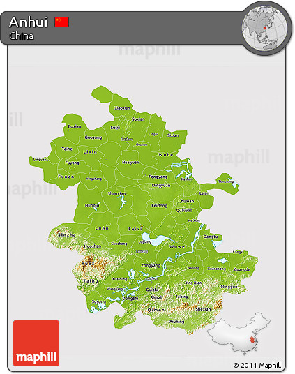 Physical 3D Map of Anhui, cropped outside