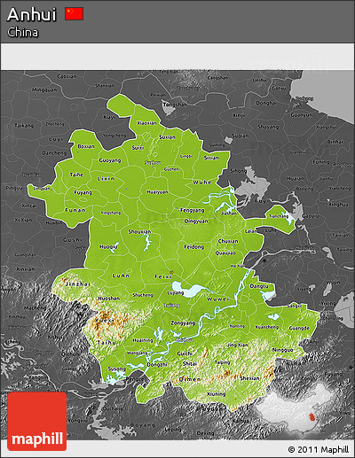 Physical 3D Map of Anhui, darken, desaturated