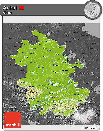 Physical 3D Map of Anhui, darken, desaturated