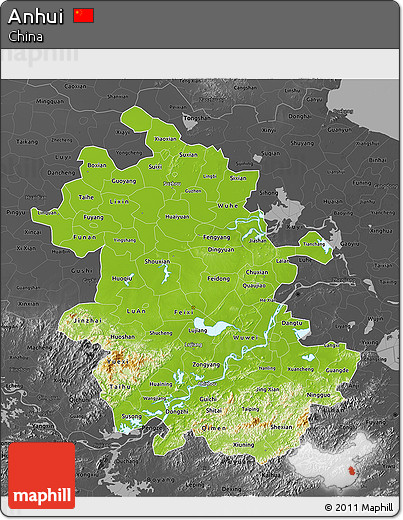 Physical 3D Map of Anhui, darken, desaturated