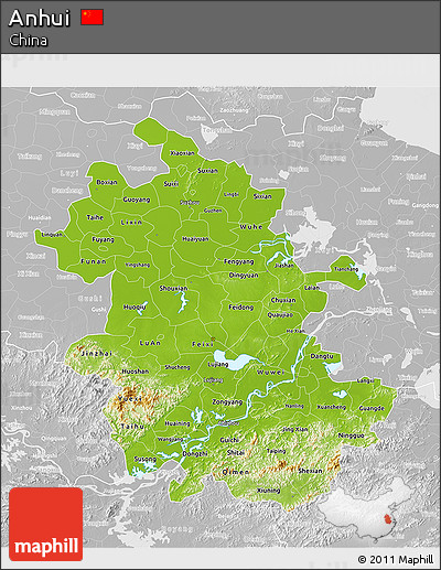 Physical 3D Map of Anhui, lighten, desaturated
