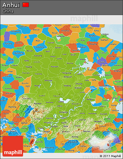 Physical 3D Map of Anhui, political outside