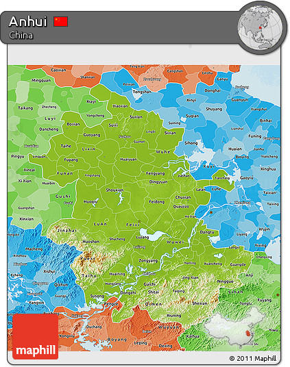 Physical 3D Map of Anhui, political shades outside