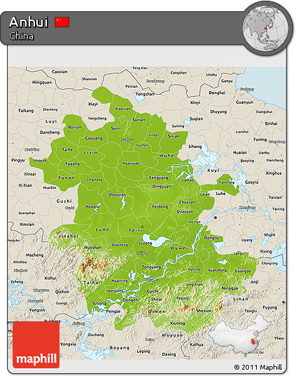 Physical 3D Map of Anhui, shaded relief outside