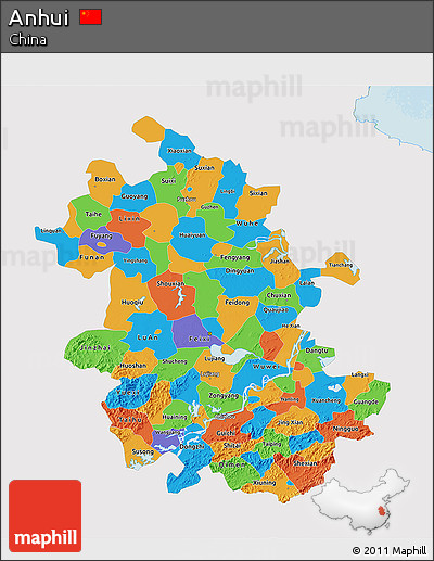 Political 3D Map of Anhui, single color outside