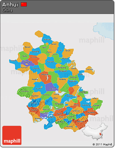 Political 3D Map of Anhui, single color outside
