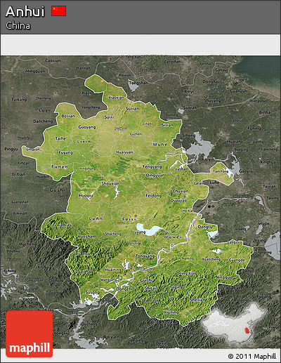 Satellite 3D Map of Anhui, darken, semi-desaturated
