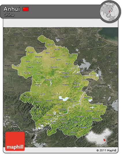 Satellite 3D Map of Anhui, darken, semi-desaturated