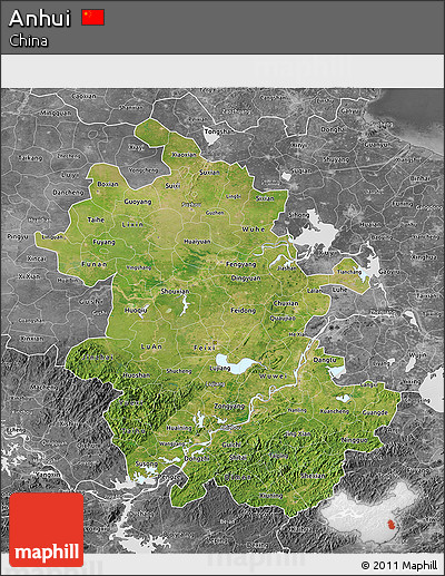 Satellite 3D Map of Anhui, desaturated