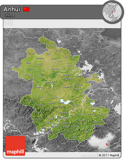 Satellite 3D Map of Anhui, desaturated
