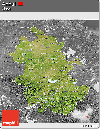 Satellite 3D Map of Anhui, desaturated