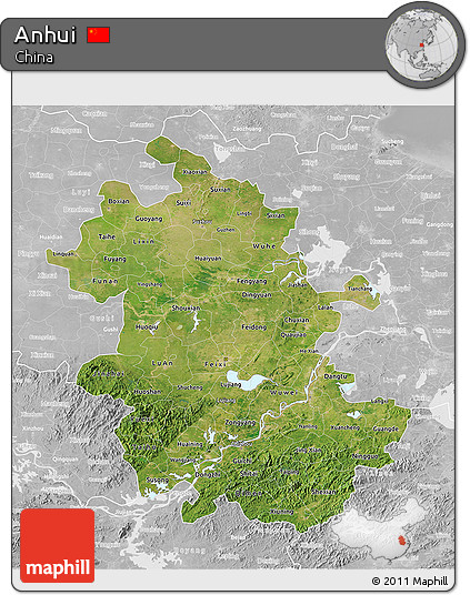 Satellite 3D Map of Anhui, lighten, desaturated