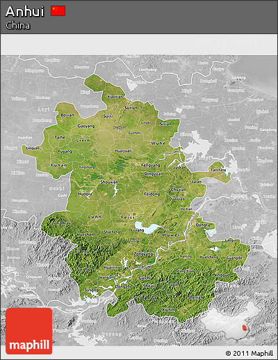 Satellite 3D Map of Anhui, lighten, desaturated