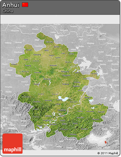 Satellite 3D Map of Anhui, lighten, desaturated