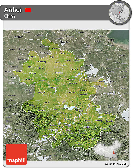 Satellite 3D Map of Anhui, semi-desaturated