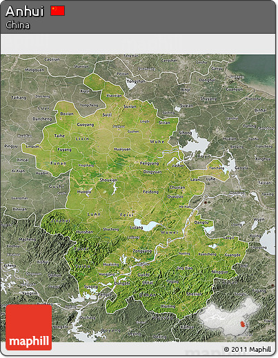 Satellite 3D Map of Anhui, semi-desaturated